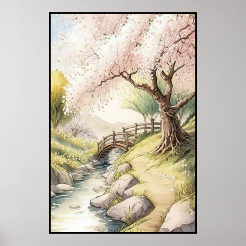 Rustic Cherry Blossom in Sunset Light Landscape Poster