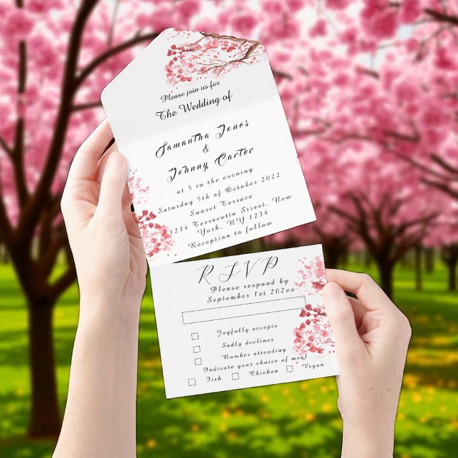 Rustic Cherry Blossom Japanese Pink Flowers Sakura All In One Invitation (Creator Uploaded)