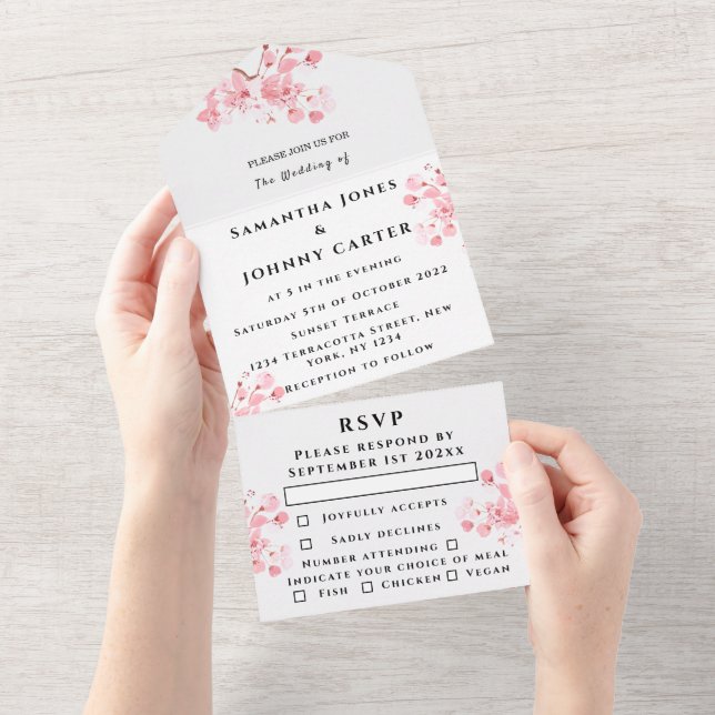 Rustic Cherry Blossom Japanese Pink Flowers Sakura All In One Invitation (Tearaway)