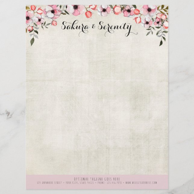 Rustic Cherry Blossom Sakura Natural Watercolor Letterhead (Front)