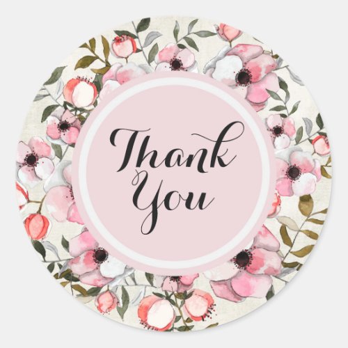 Rustic Cherry Blossom Sakura Watercolor Thank You Classic Round Sticker