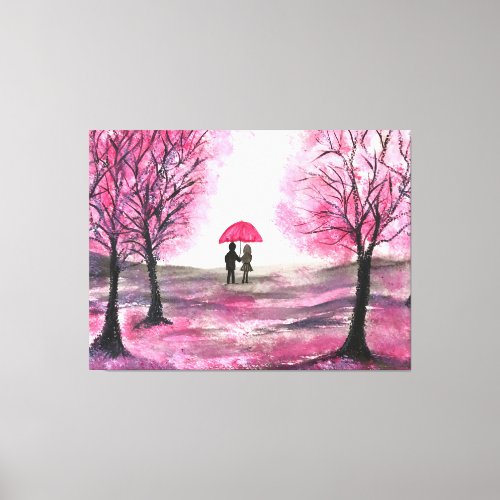 Rustic Cherry Blossoms Love couple Red Umbrella Canvas Print