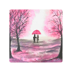 Rustic Cherry Blossoms Love couple Red Umbrella Metal Print