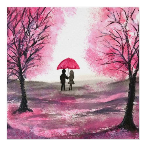 Rustic Cherry Blossoms Love couple Red Umbrella Poster