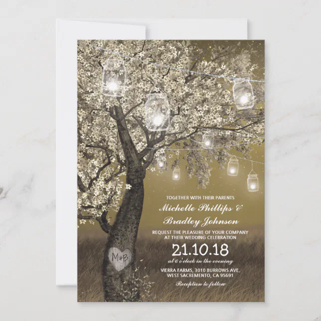 Rustic Cherry Tree & String Lights Wedding Invitation | Zazzle