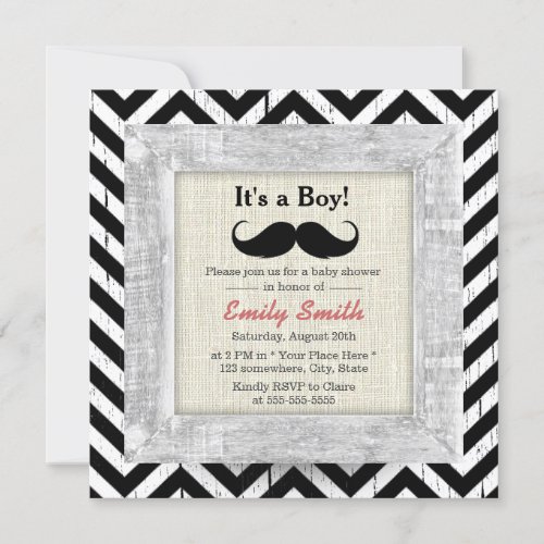 Rustic Chevron Stripes Mustache Boy Baby Shower 5.25x5.25 Square Paper Invitation Car...