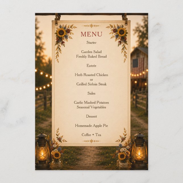 Rustic Chic Americana Sunflower Wedding Menu (Front)