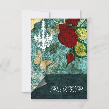 Rustic Chic Aqua Vintage Rose Wedding RSVP Card