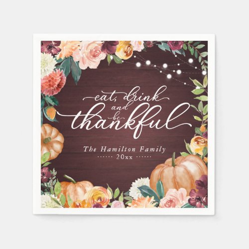 Rustic Chic Autumn Floral Thanksgiving Dinner Napk Napkins