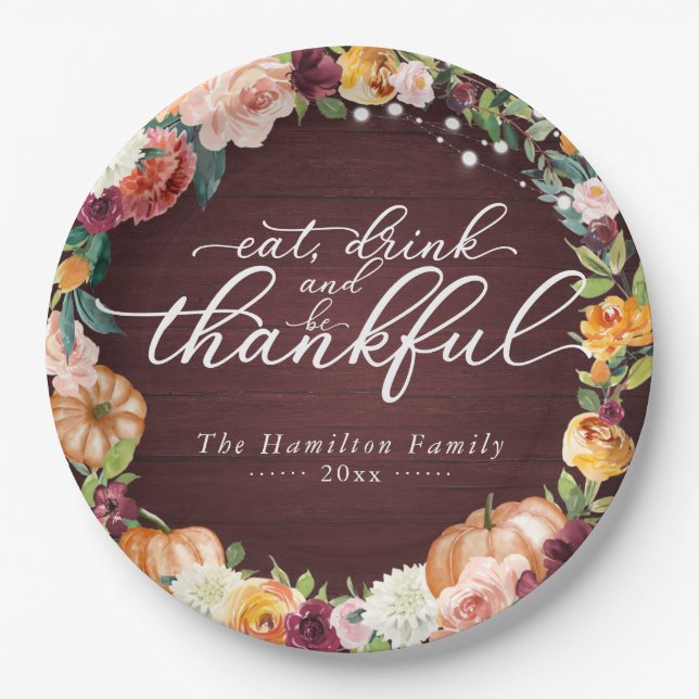 Rustic Chic Autumn Flowers Thanksgiving Dinner Pap Paper Plates (Front)