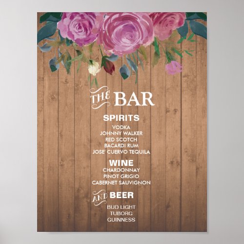 Rustic chic Bar Menu Sign  Wedding party bar