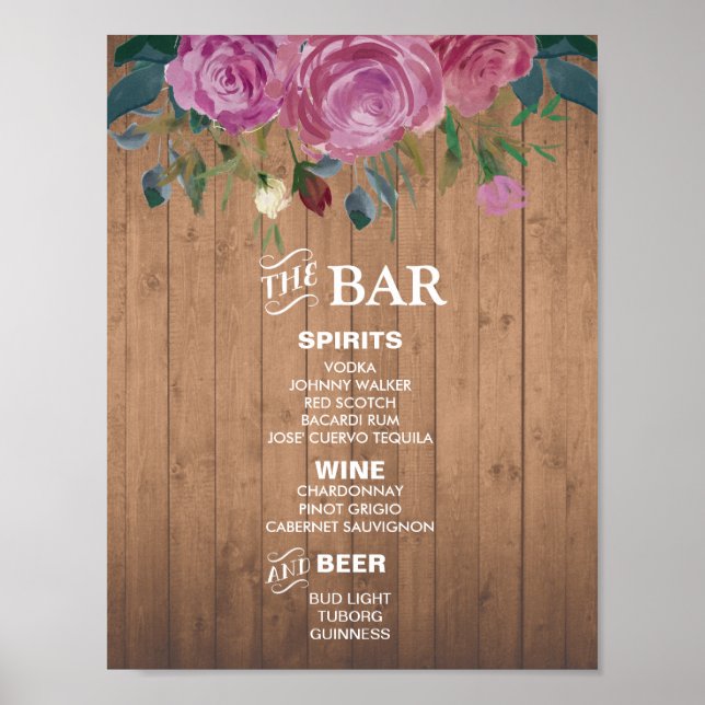 Rustic chic Bar Menu Sign | Wedding party bar (Front)