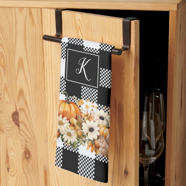 Rustic Chic Black White Plaid Fall Garden Monogram Kitchen Towel (Thirds Fold)