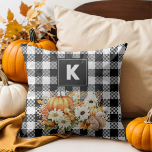 Rustic Chic Black White Plaid Fall Garden Monogram Throw Pillow
