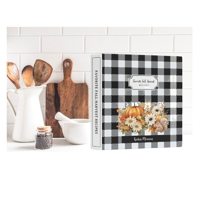 Rustic Chic Black White Plaid Fall Harvest Recipes 3 Ring Binder (Farmhouse Chic Black & White 3-ring Recipe Binder. Personalize title and name on cover.)