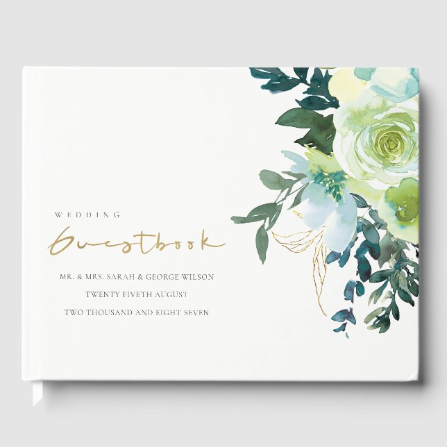 Rustic Chic Blue Green Floral Leafy Wedding Guest Book (Front)