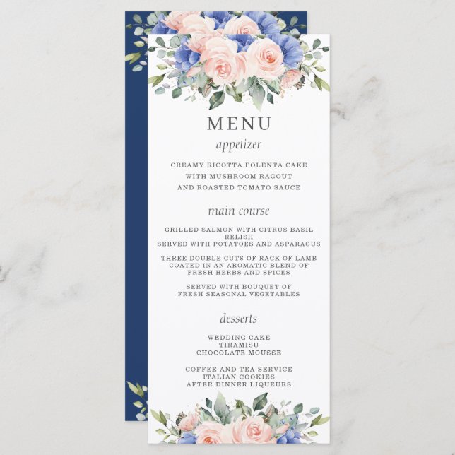 Rustic Chic Blush Blue Floral Flowers Wedding Menu (Front/Back)