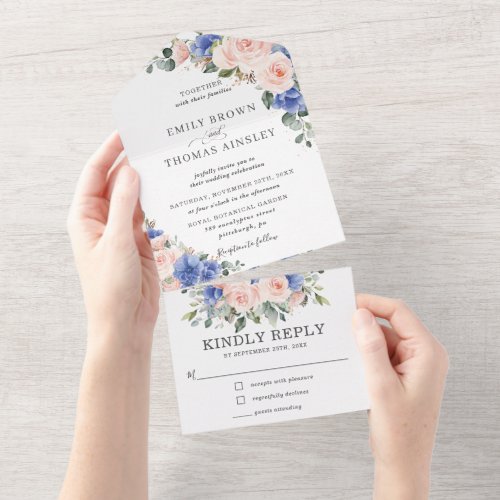 Rustic Chic Blush Blue Floral Greenery Wedding All In One Invitation