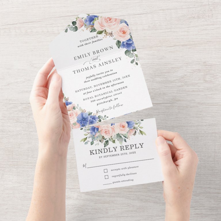 Rustic Chic Blush Blue Floral Greenery Wedding All In One Invitation