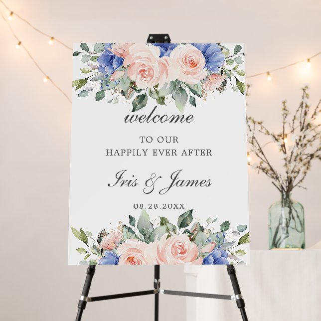 Rustic Chic Blush Blue Floral Rose Wedding Welcome Foam Board (In Situ (Stand))