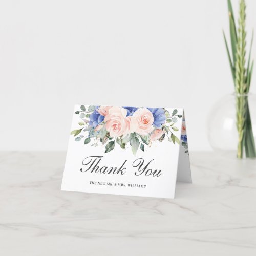 Rustic Chic Blush Blue Floral Roses Wedding Bridal Thank You Card