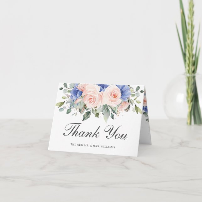 Rustic Chic Blush Blue Floral Roses Wedding Bridal Thank You Card (Front)