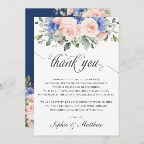 Rustic Chic Blush Blue Floral Roses Wedding Bridal Thank You Card