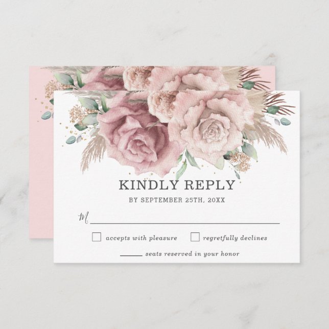 Rustic Chic Blush Dusty Rose Floral Pampas Wedding RSVP Card (Front/Back)