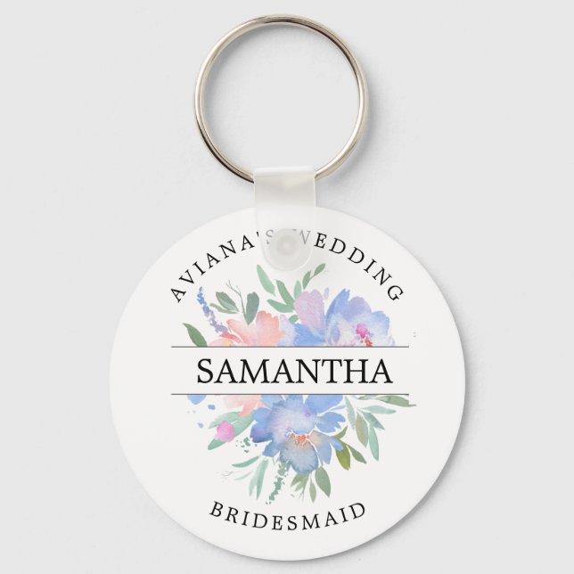 Rustic Chic Blush Pink Blue Floral Personalized Keychain (Front)