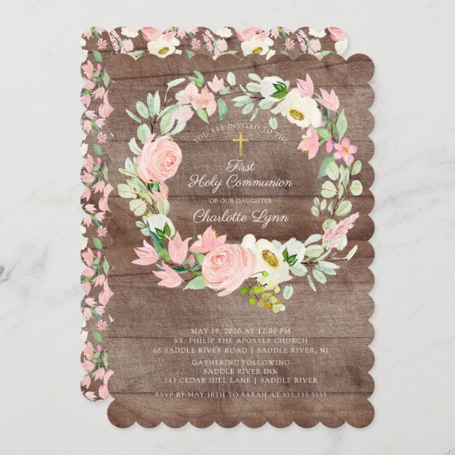 Rustic Chic Blush Pink Floral First Communion Invitation (Front/Back)