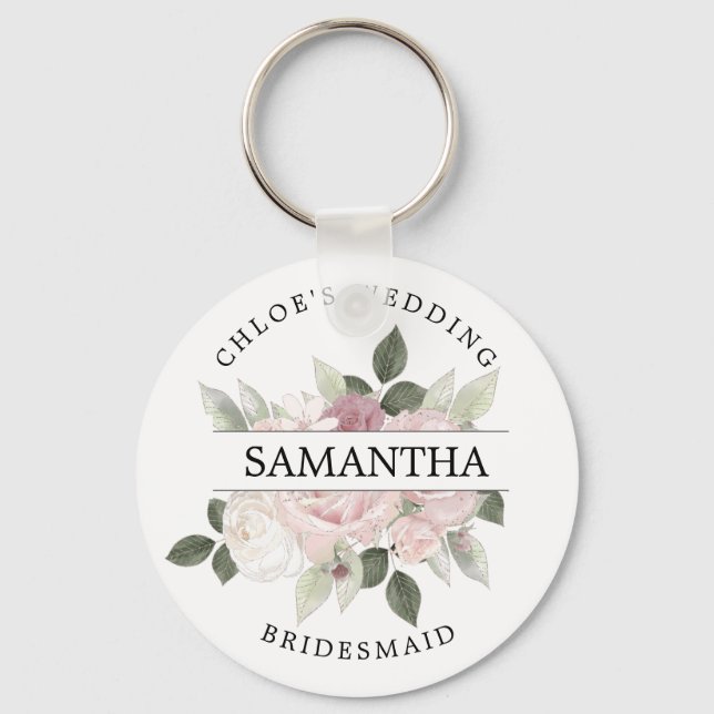 Rustic Chic Blush Pink Rose Floral Personalized Keychain (Front)