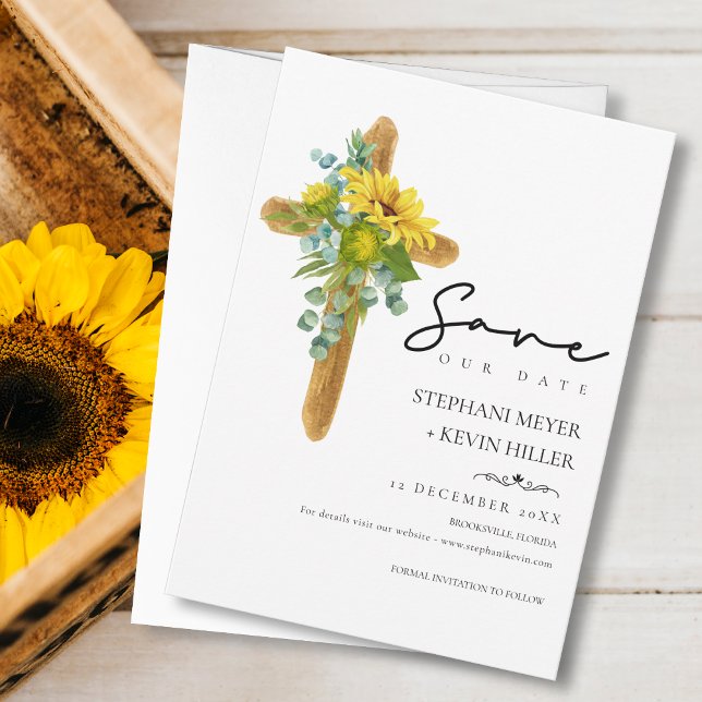 Rustic Chic Boho Sunflower Cross Wood Wedding Save The Date (Creator Uploaded)
