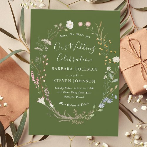 Rustic Chic Boho Wildflower Moss Green Wedding Invitation