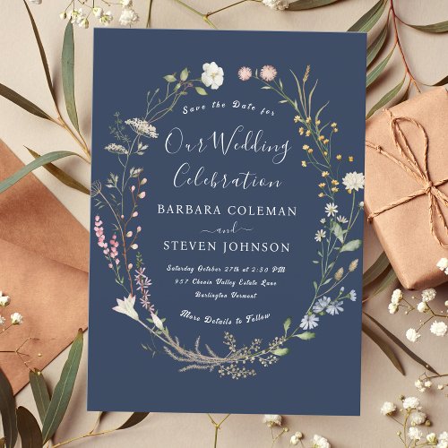 Rustic Chic Boho Wildflower Navy Blue Wedding Invitation