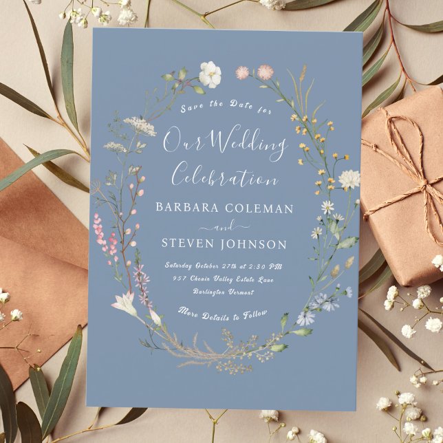 Rustic Chic Boho Wildflower Periwinkle Wedding Invitation (Creator Uploaded)