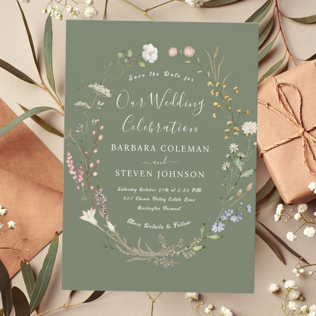 Rustic Chic Boho Wildflower Sage Green Wedding Invitation (Creator Uploaded)