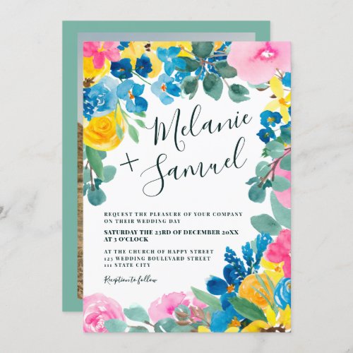 Rustic chic bold summer floral photo wedding invitation - Rustic chic bold summer floral photo wedding with painted blue, yellow wild field sunflowers, pink roses, sage green eucalyptus on editable white. Perfect for summer, rustic barn outdoors weddings.