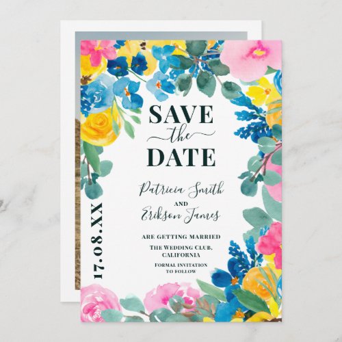 Rustic chic bold summer floral photo wedding save the date - Rustic chic bold summer floral photo wedding save the date with painted blue, yellow wild field sunflowers, pink roses, sage green eucalyptus on editable white. Perfect for summer, rustic barn outdoors weddings.