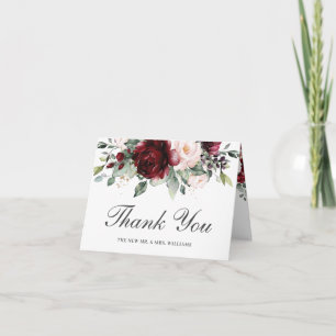 Rustic Chic Burgundy Blush Floral Wedding Bridal  Letterpress Thank You Card