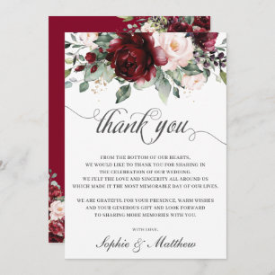 Rustic Chic Burgundy Blush Floral Wedding Bridal Thank You Card