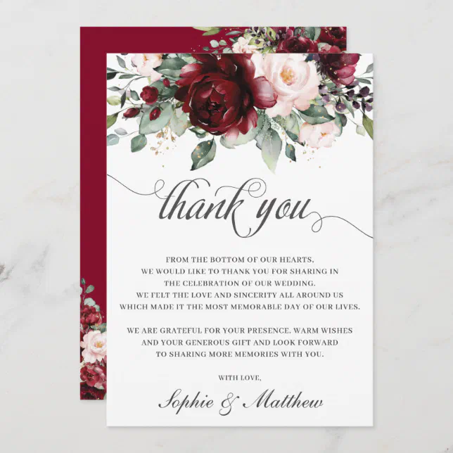Rustic Chic Burgundy Blush Floral Wedding Bridal Thank You Card | Zazzle