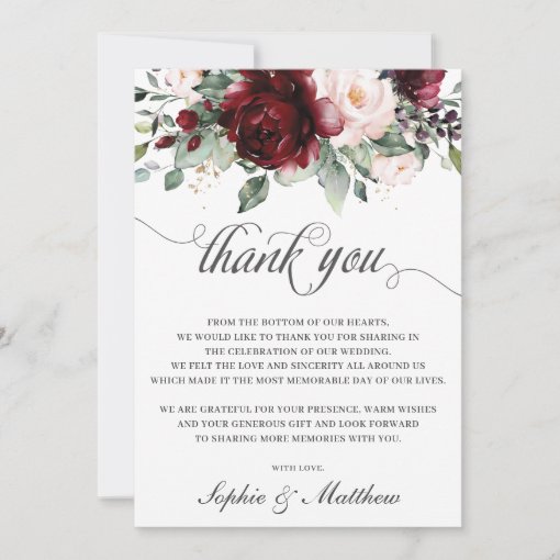 Rustic Chic Burgundy Blush Floral Wedding Bridal Thank You Card | Zazzle