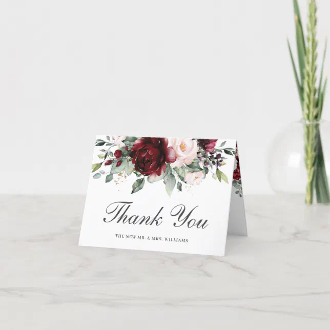 Rustic Chic Burgundy Blush Floral Wedding Bridal Thank You Card | Zazzle