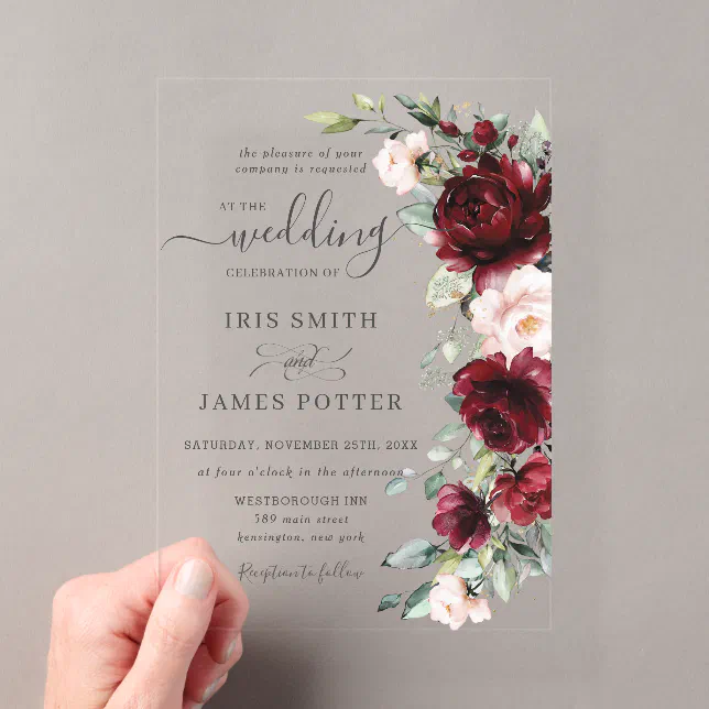 Rustic Chic Burgundy Blush Pink Floral Wedding Acrylic Invitations | Zazzle