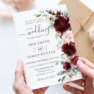 Rustic Chic Burgundy Blush Pink Floral Wedding Invitation
