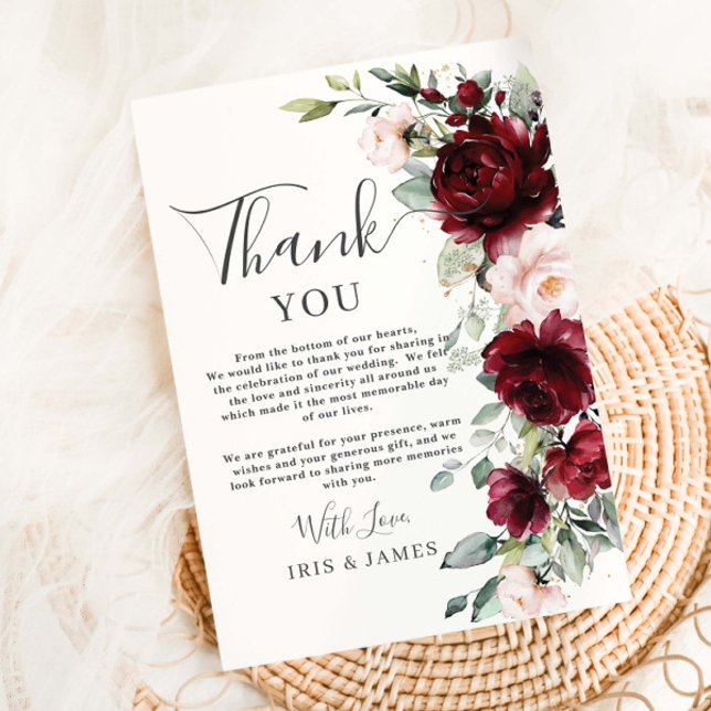 Rustic Chic Burgundy Blush Pink Floral Wedding Thank You Card (Creator Uploaded)