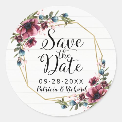 Rustic Chic Burgundy Floral Save The Date Classic  Classic Round Sticker