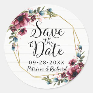 Rustic Chic Burgundy Floral Save The Date Classic Classic Round Sticker
