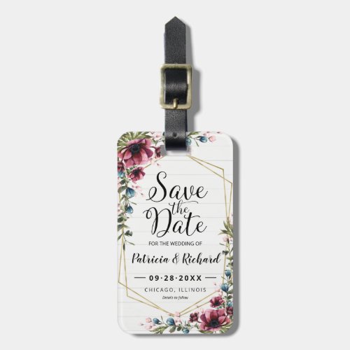 Rustic Chic Burgundy Floral Save The Date Luggage Tag