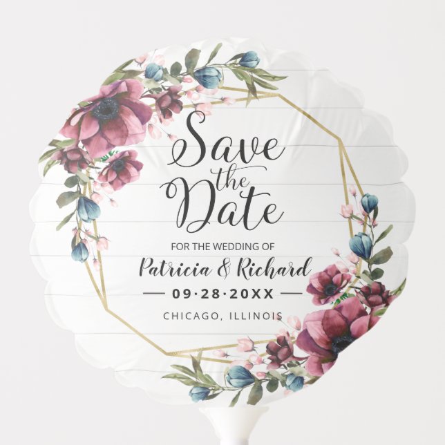 Rustic Chic Burgundy Floral Wedding Save The Date Balloon (Front)